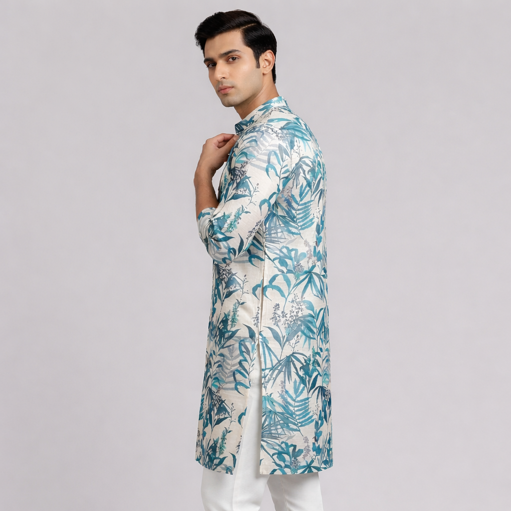 Printed Designer Kurta for Men #56 (Royal Blue + Sky Blue Mix)