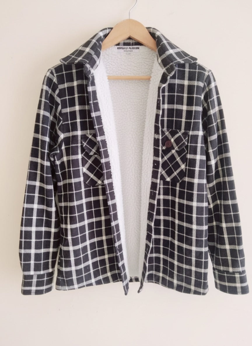 Men Checked Fleece Lined Shirt Jacket Warm Sherpa#1