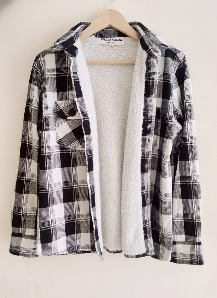 Men Checked Fleece Lined Shirt Jacket Warm Sherpa#2
