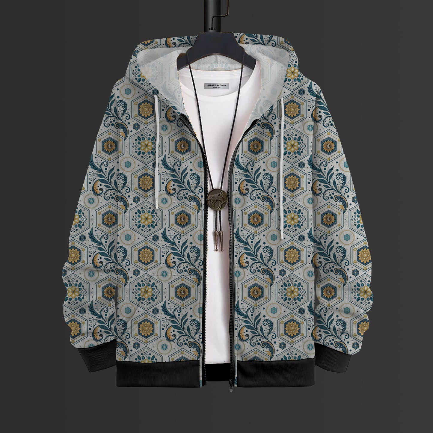 Silent Grid Printed Hoodie With Zip #82