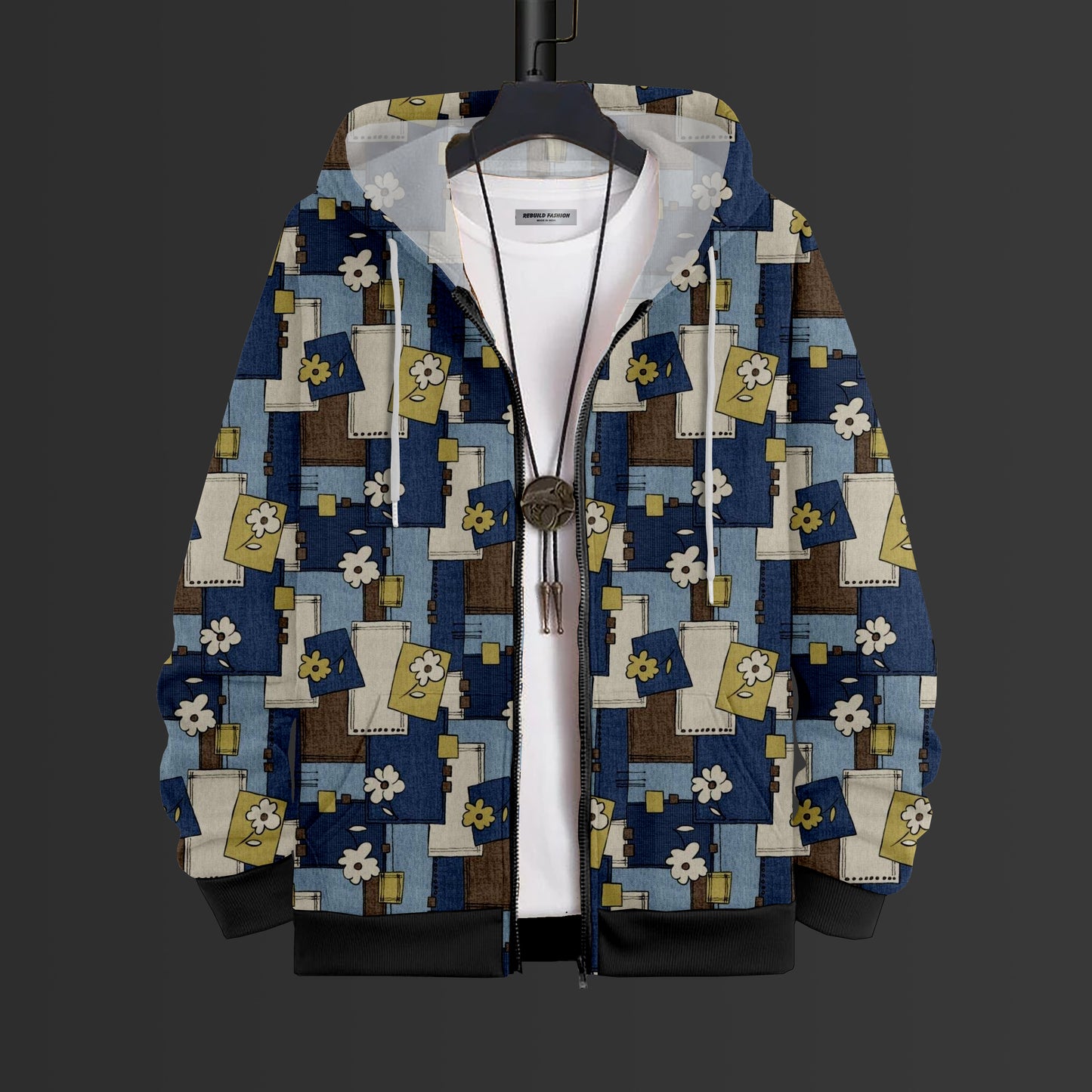 Indigo Blocks Printed Hoodie With Zip #83