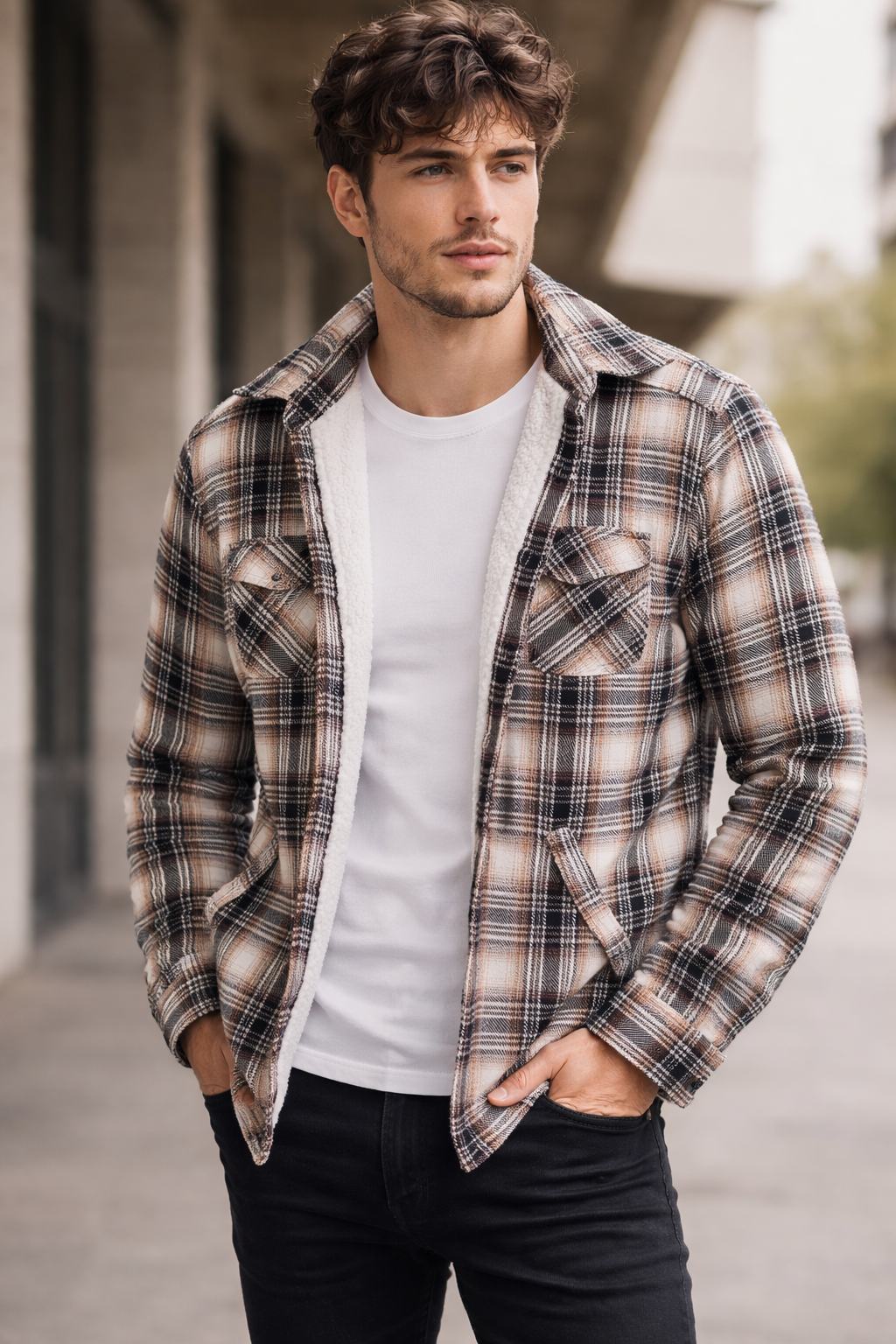 Men Checked Fleece Lined Shirt Jacket Warm Sherpa Winter Wear