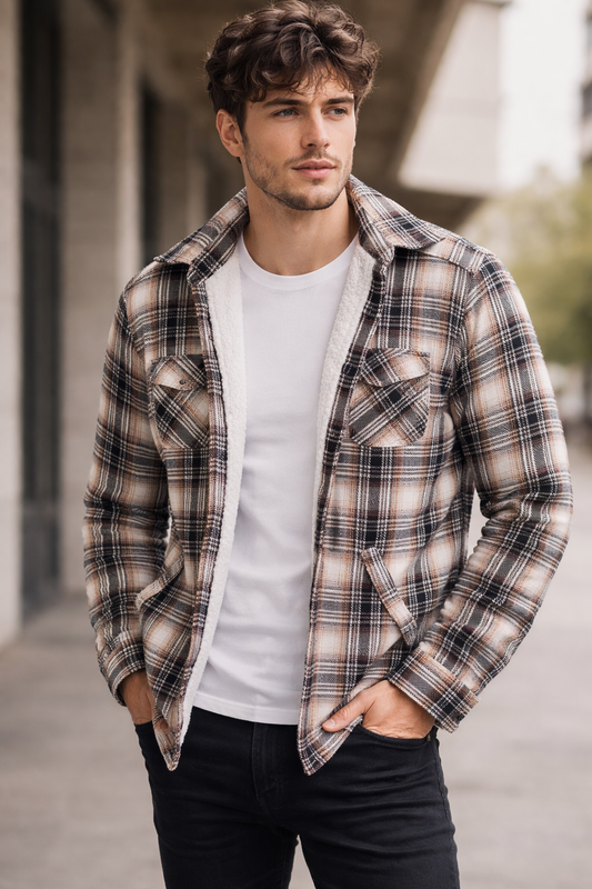Men Checked Fleece Lined Shirt Jacket Warm Sherpa Winter Wear