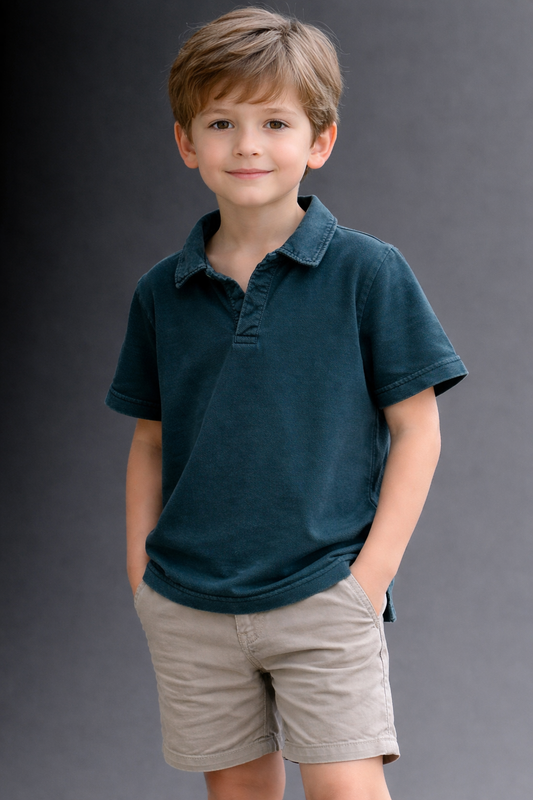 Acid-Wash Double-Dyed Cotton Polo Collar T-shirt#2