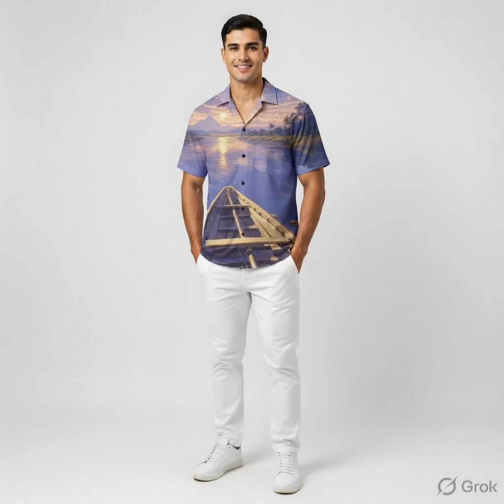 Golden Hour Boat Print Shirt For Men #1002  (Lavender Blue / Dusty Blue)