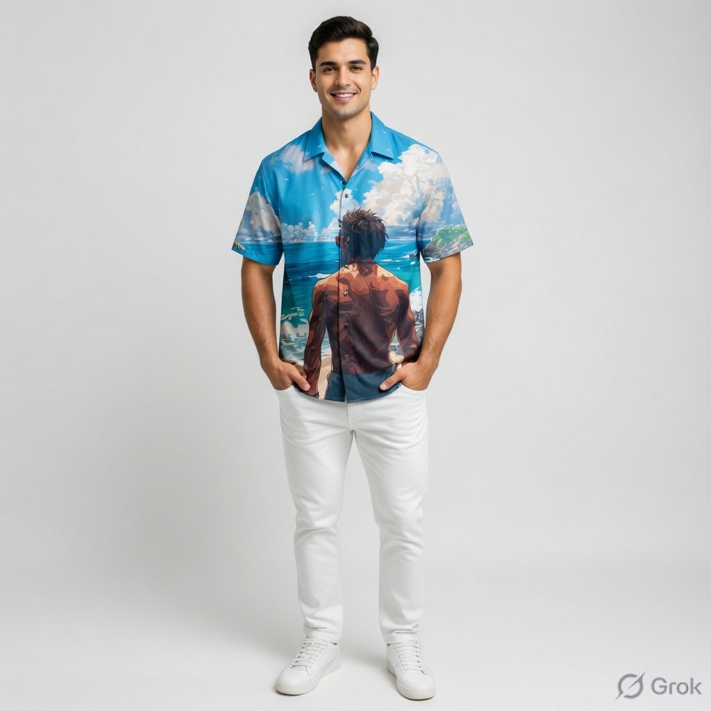 Classic short-sleeve button-up Hawaiian / camp-collar shirt For Men #1000 (Bright sky blue)