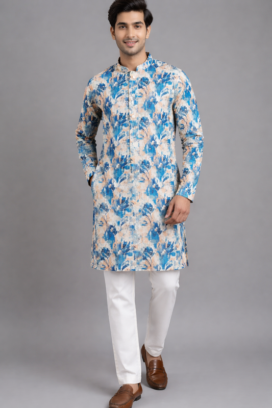 Printed Designer Kurta for Men #56 (Royal Blue + Sky Blue Mix)