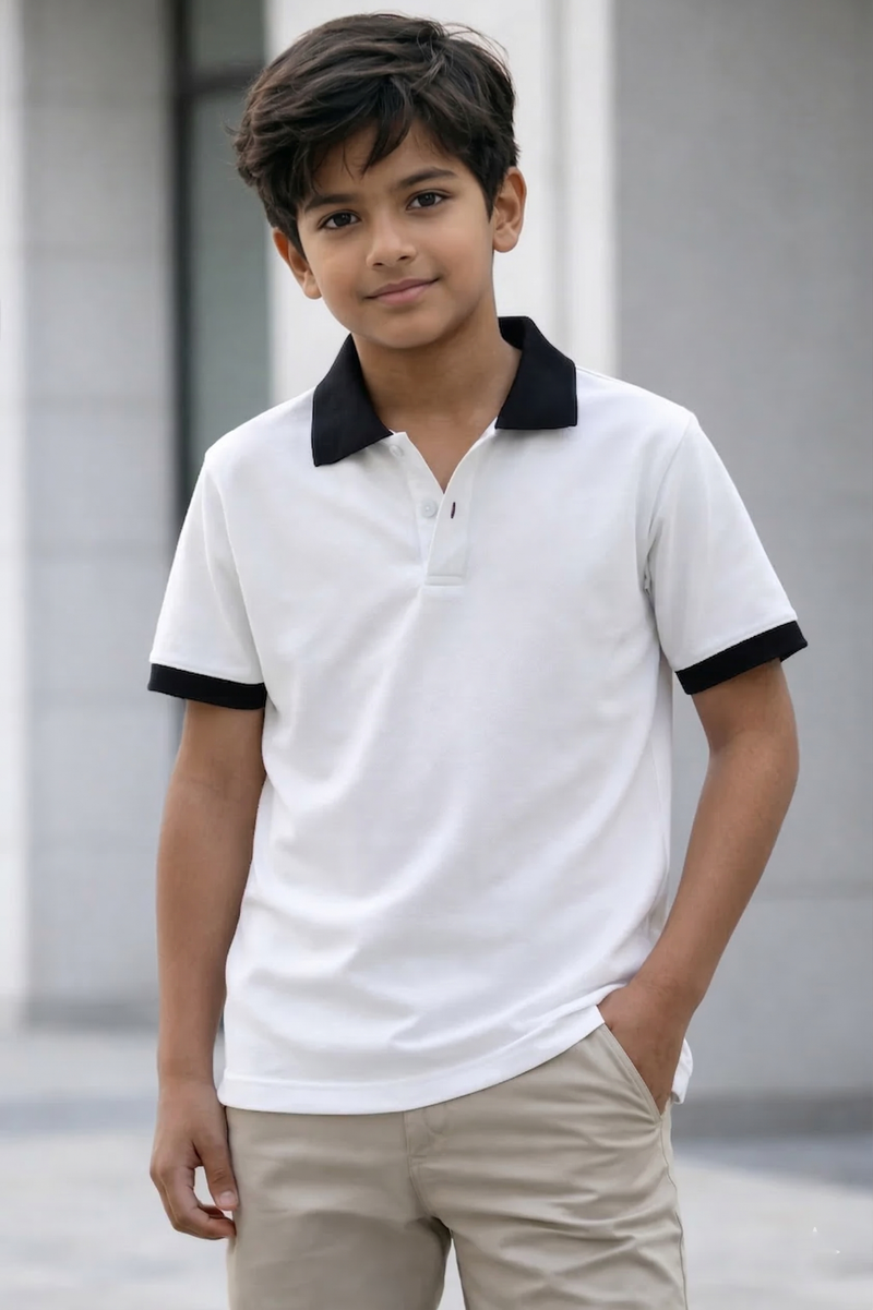 Kids Cotton Polo T-shirt#3(WHITE BLACK)