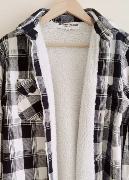 Men Checked Fleece Lined Shirt Jacket Warm Sherpa#2