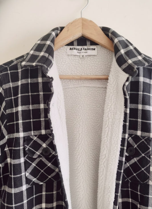 Men Checked Fleece Lined Shirt Jacket Warm Sherpa#1