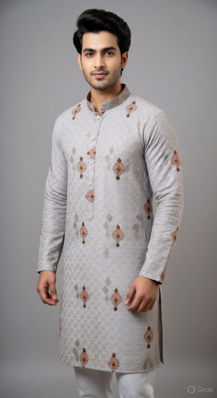 Men’s Grey Embroidered Cotton Kurta #59 (Light Grey / Ash Grey)