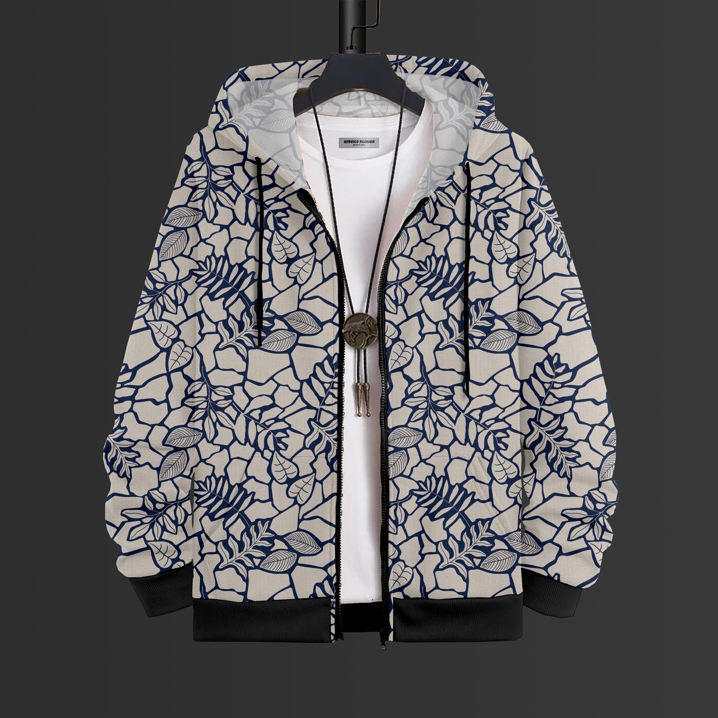 Blue Vine Printed Hoodie With Zip #92