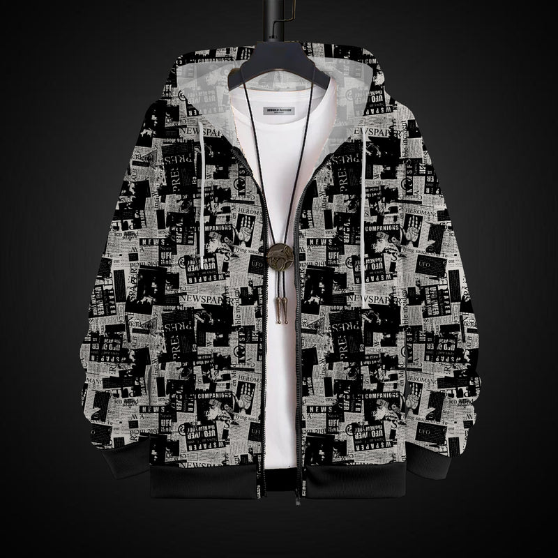 Rebuild Fashion black and white graphic hoodie with newspaper print design and front zipper
