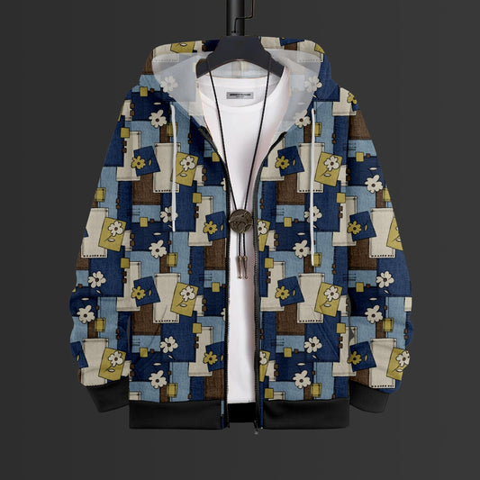 Indigo Blocks Printed Hoodie With Zip #83
