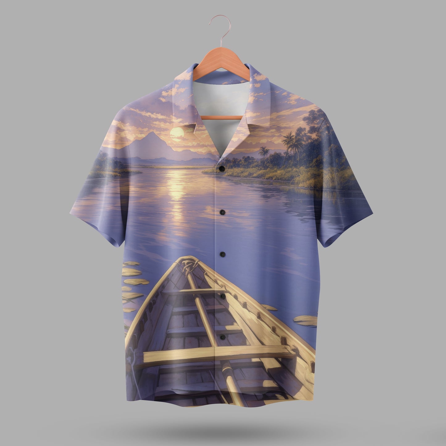 Golden Hour Boat Print Shirt For Men #1002  (Lavender Blue / Dusty Blue)