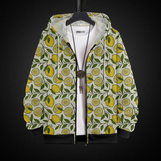 Rebuild Fashion printed hoodie with zipper for men featuring a lemon and leaf pattern on a light background